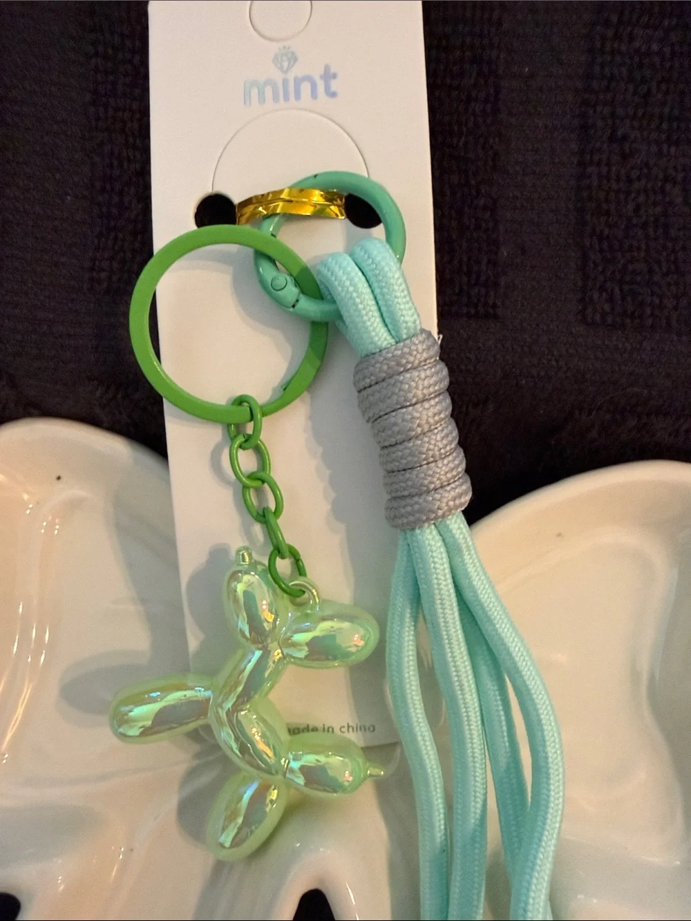 Mint Iridescent Balloon Dog Keychain with Mint Tassel